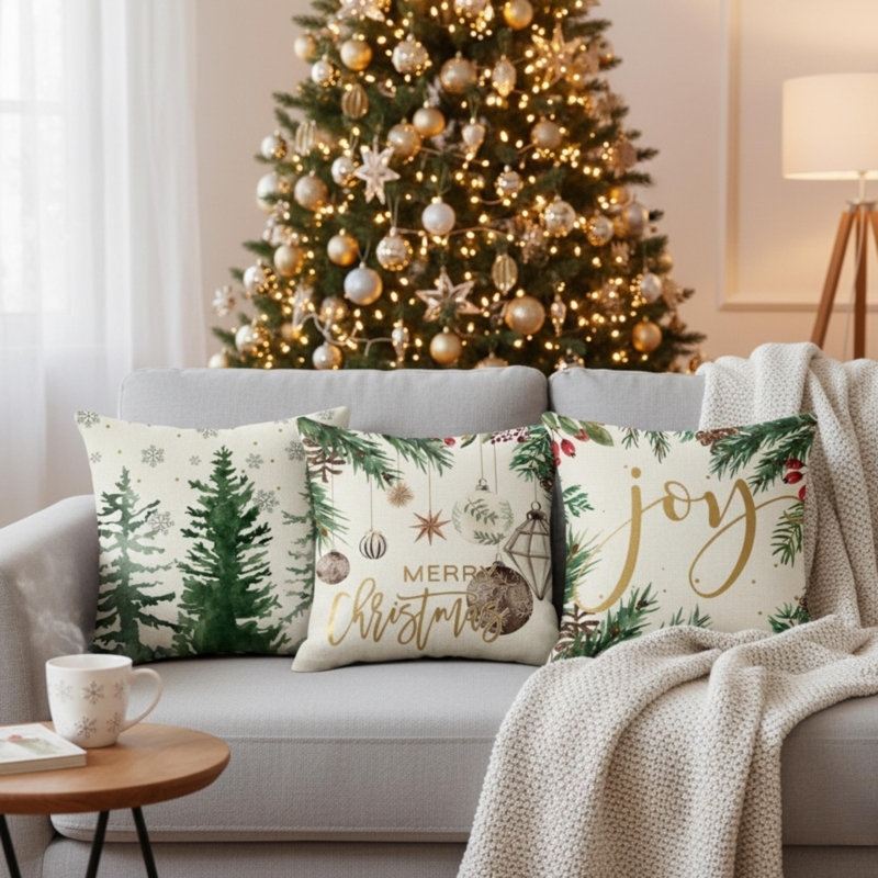 Pillow Covers Neutral Cream Grey Linen-Like Embroidered Snowflakes