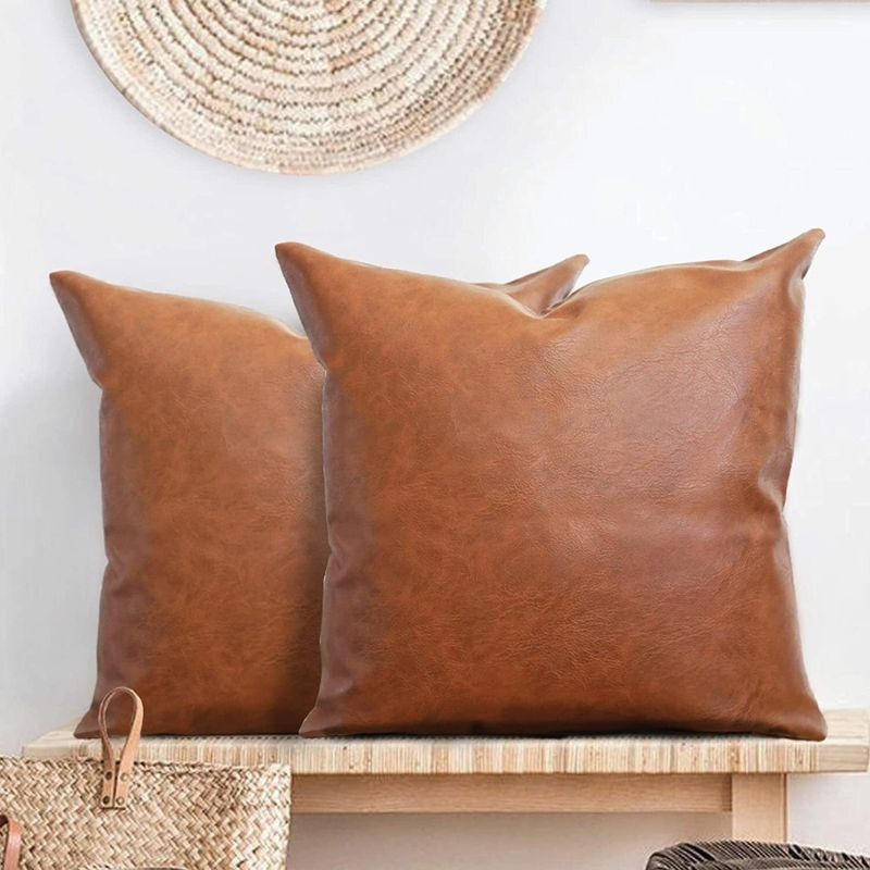 Pillow Set: Camel Faux Leather & Grey Geometric Weave, Boho Combination