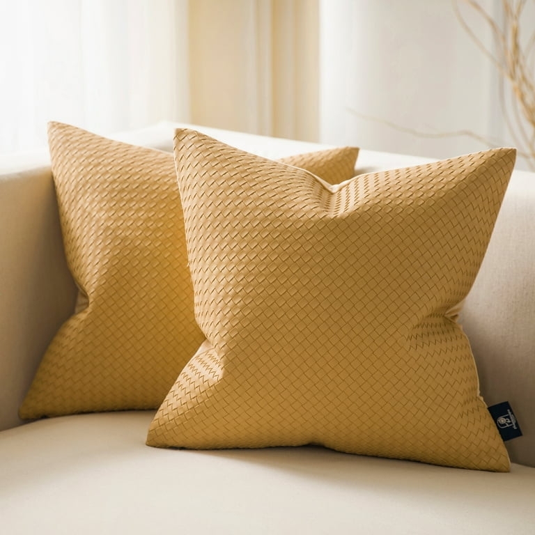Pillow Set: Mustard Yellow Faux Leather, Basketweave Texture, Vibrant Decor