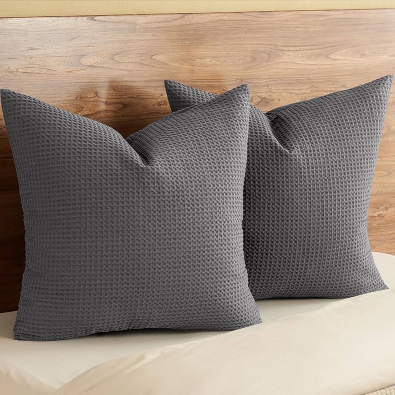 Pillow Sham: Flange Border, Charcoal Grey Waffle Weave Modern Farmhouse.
