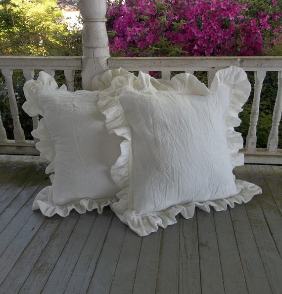 Pillow Sham Linen Like Flounced Border Cream Ruffled Cottagecore Bed