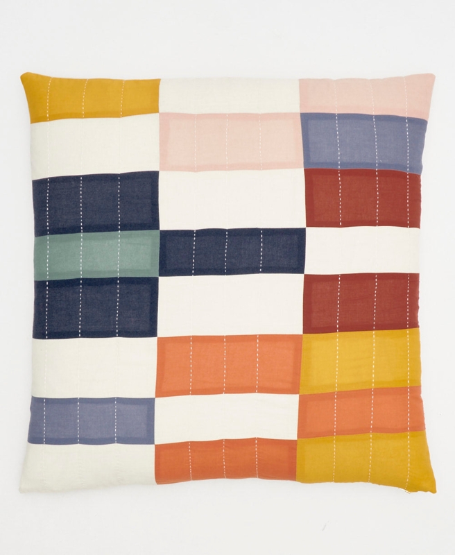 Pillow Sham: Multi-Check Pattern Hand Stitched, Navy Rust Artisanal Boho.