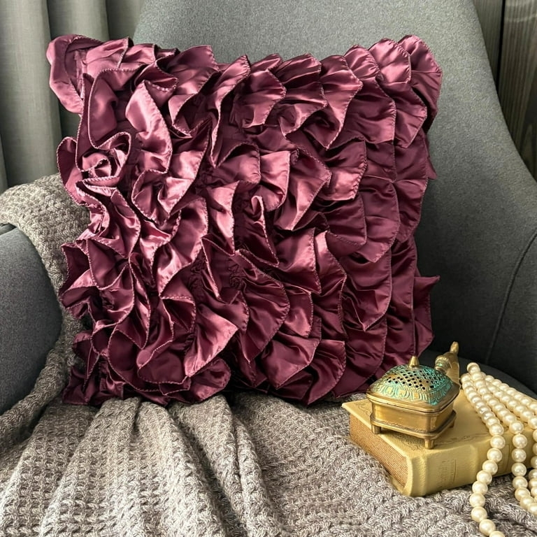 Pillow Sham Vine Embroidery Purple Satin Like Glossy Ruffled Vintage