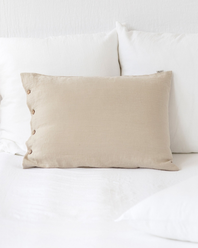 Pillowcase in Natural Linen with Rustic Wooden Button Closure
