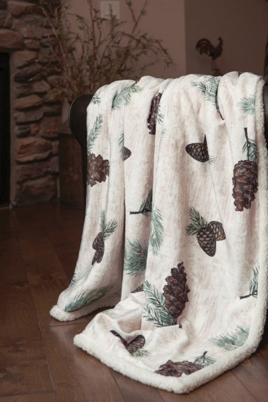 Pinecone Sherpa Throw Blanket Rustic Cabin Lodge Decor Brown Green