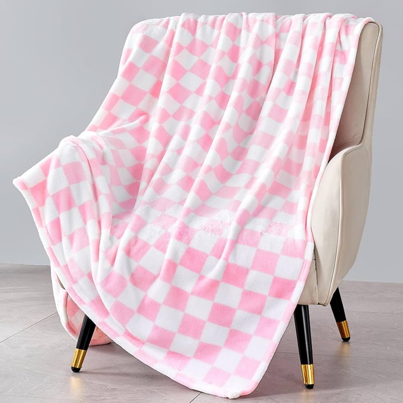 Pink Checkered Throw Blanket, Pastel Fleece Fabric, Preppy Style