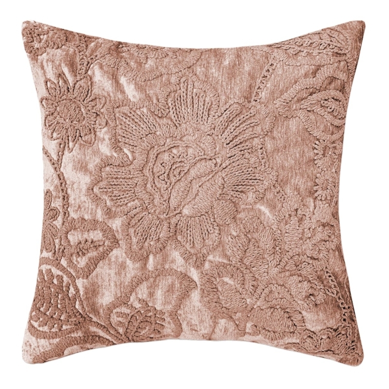 Pink Floral Embroidered Throw Pillow, Off-White Linen-Like, Cottagecore