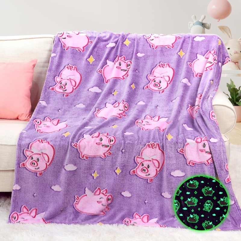 Pink Throw Blanket Glow In The Dark Pig Pattern Plush Fleece Playful