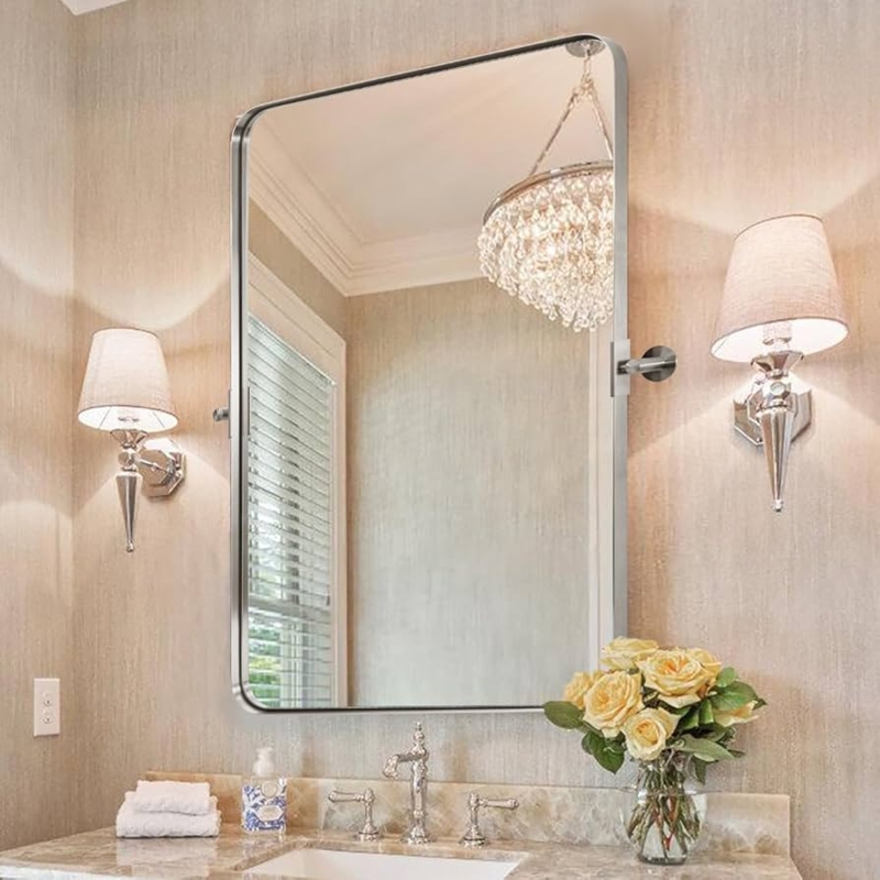 Pivot Bathroom Mirror Brushed Nickel Rounded Transitional Vanity