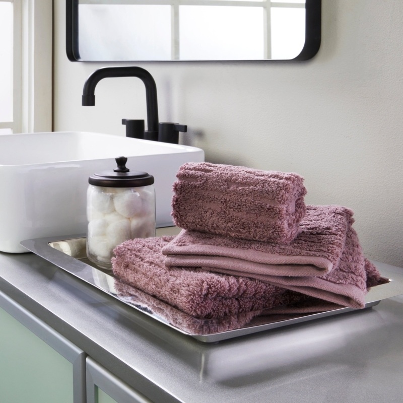Plum Hand Towel Set on Wall Mounted Tiered Rack for Modern Bath