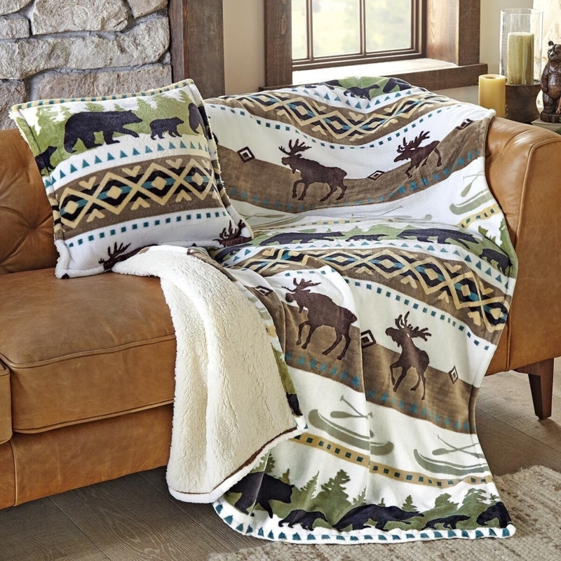 Plush Buffalo Plaid Border Throw Bear Forest Print Rustic Lodge