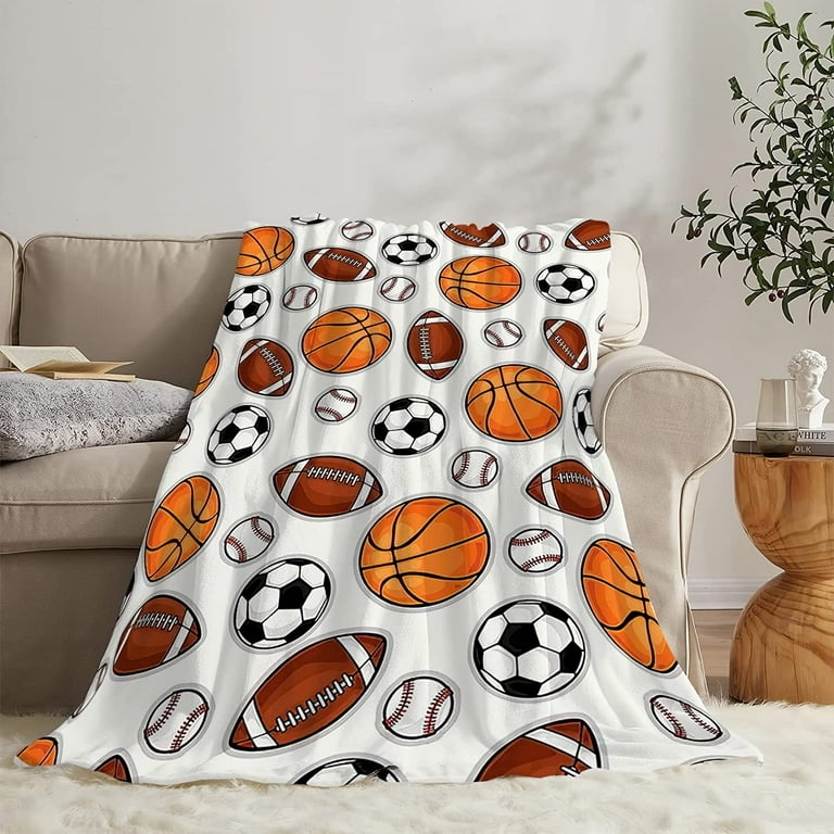 Plush Fleece Throw Blanket Sports Ball Collage Print Multicolored Playful