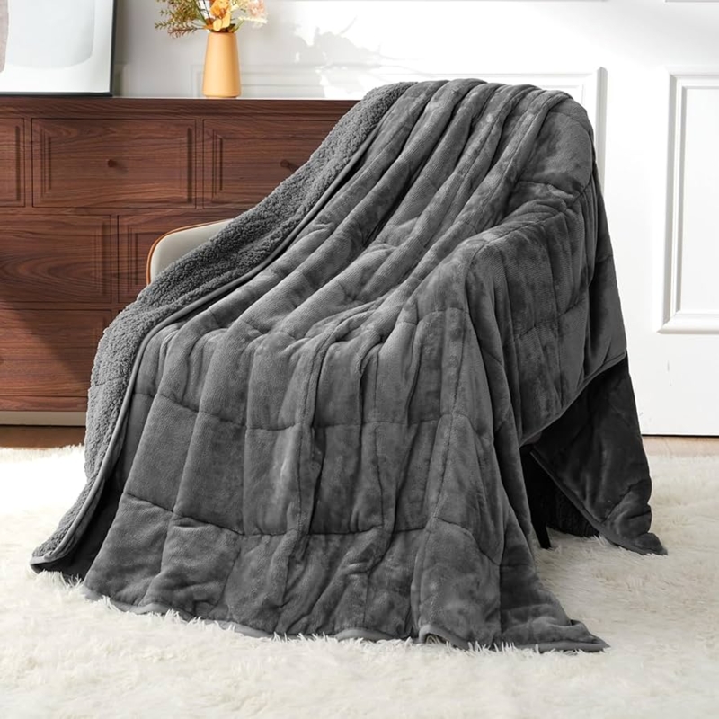 Plush Grey Weighted Blanket with Square Quilting Design