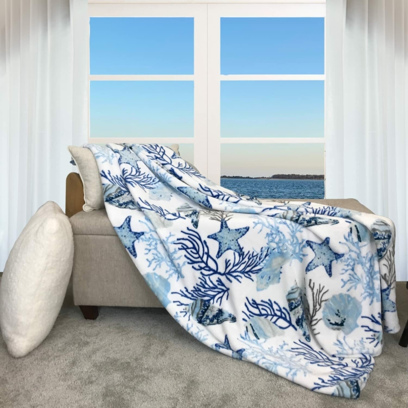 Plush Navy Sea Life Throw Blanket with Starfish Motif