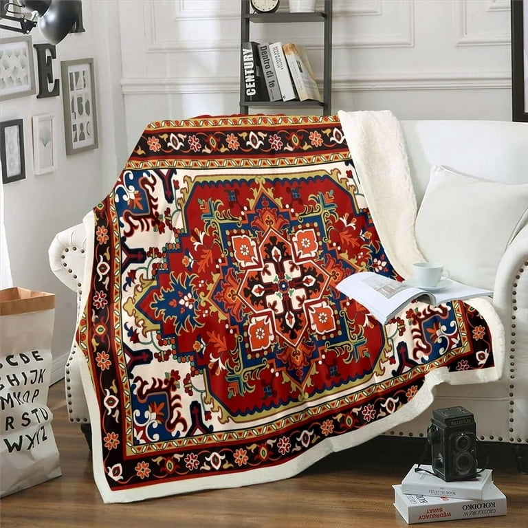 Plush Red Persian Pattern Decor Throw Blanket with Vintage Paisley Print