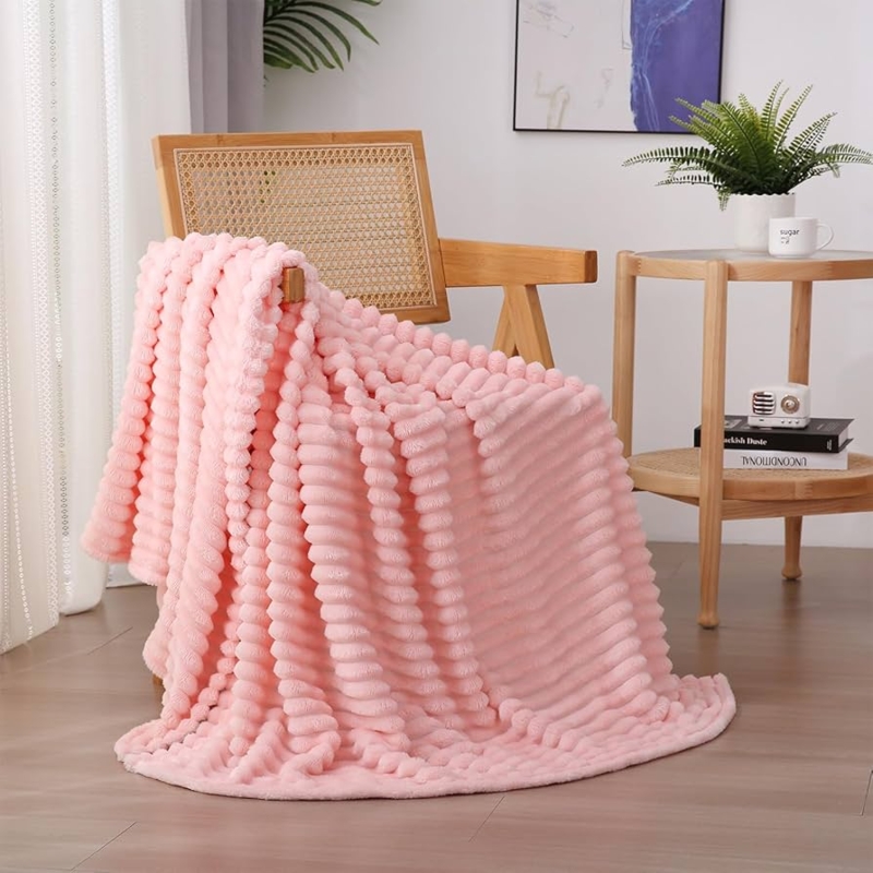 Plush Ribbed Throw Blanket, Light Pink Fleece. Soft Pink Plush Throw Blanket