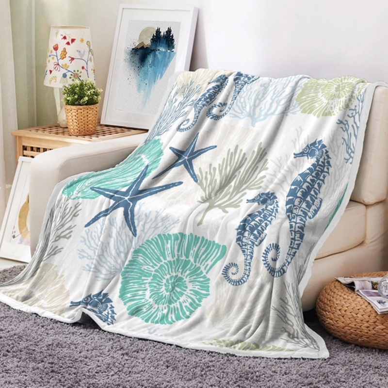 Plush Sea Turtle Throw Blanket, Navy and Teal Coastal Fleece
