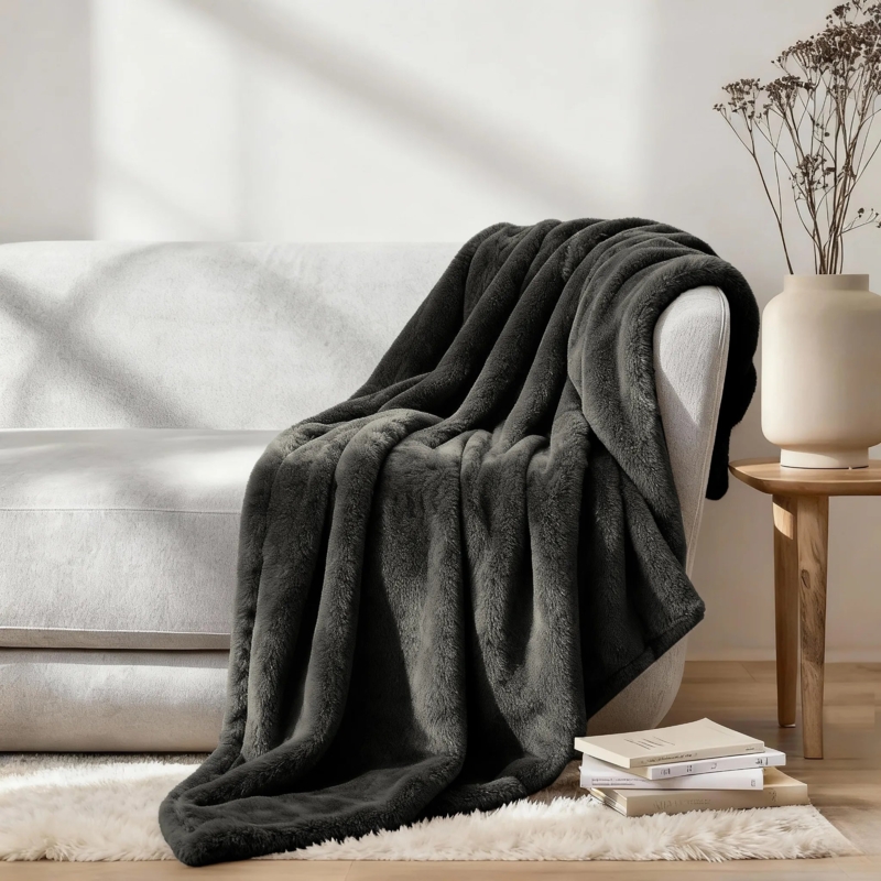 Plush Throw Blanket Charcoal Gray Fleece Stitched Border
