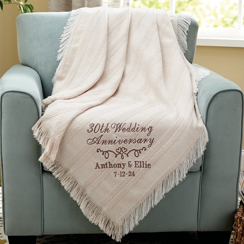 Plush Throw Blanket Cream Blue Floral Anniversary Embroidery
