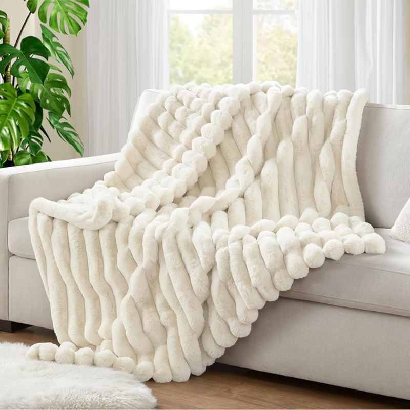 Plush Throw Blanket Wide Ribbed Faux Fur, Ribbed Faux Fur Sofa Accent