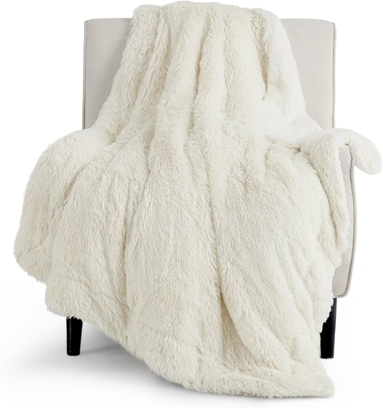 Plush Throw Blanket with Extra Thick Pile, Cream Faux Fur Bedding Decor