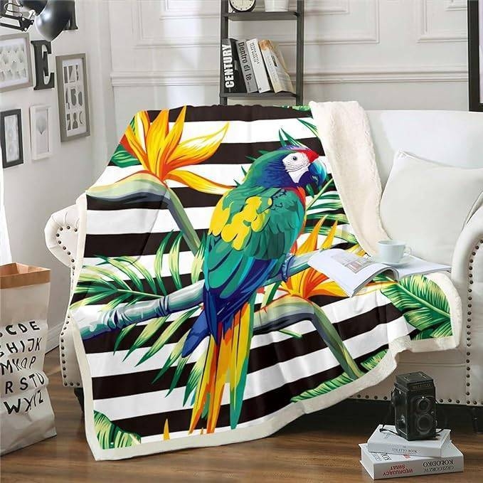 Plush Tropical Botanical Throw Blanket with Coral Pink Accents