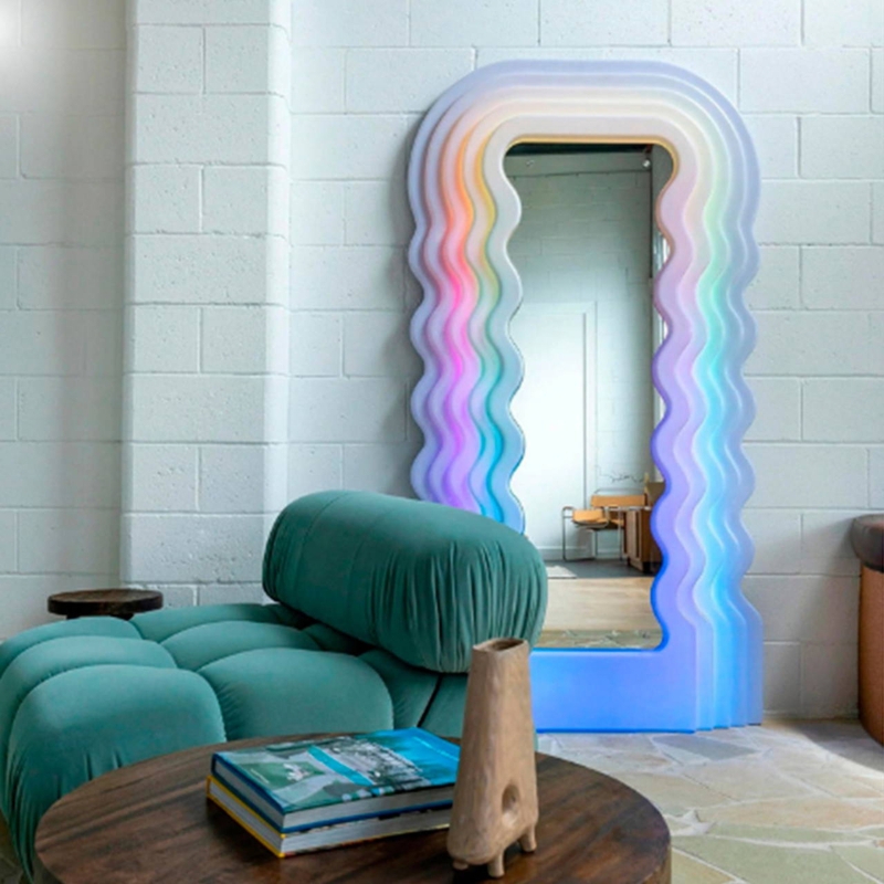 Postmodern Floor Mirror with Wavy LED Frame and Pink Glow