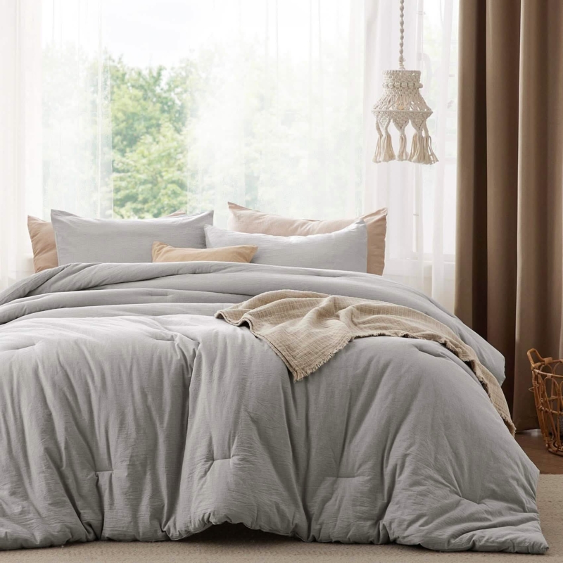 Pre-washed Grey Comforter Set, Lived-in Look Texture, Cozy Bedding