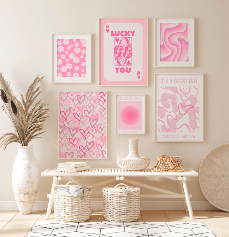 Preppy Gallery Wall Art Set of Six Blush Pink White Frames