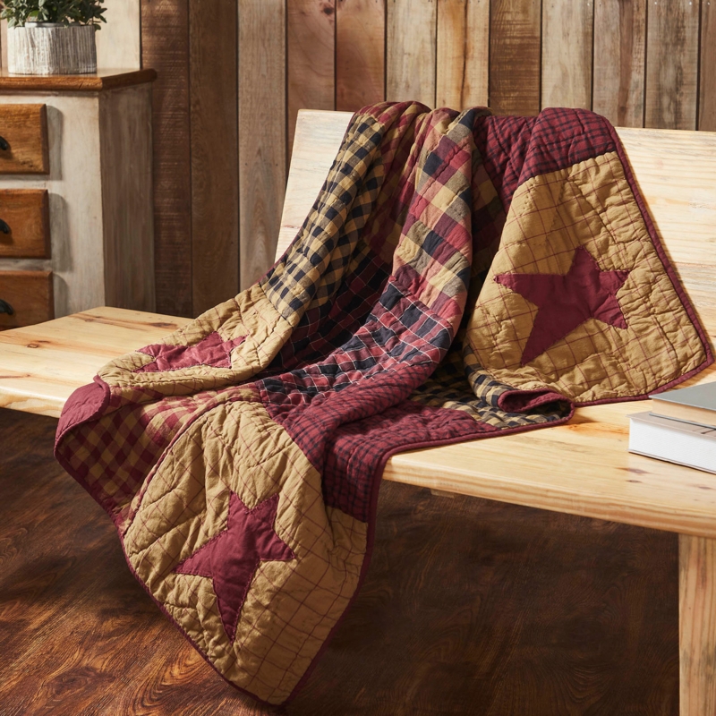 Primitive Patchwork Plaid Throw Blanket with Diamond Quilting