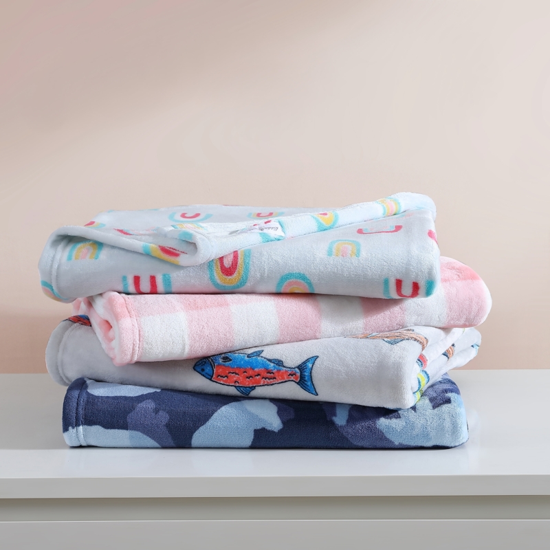 Printed Fleece Throw Blanket Navy Bear Print Whipstitch Edge Rustic