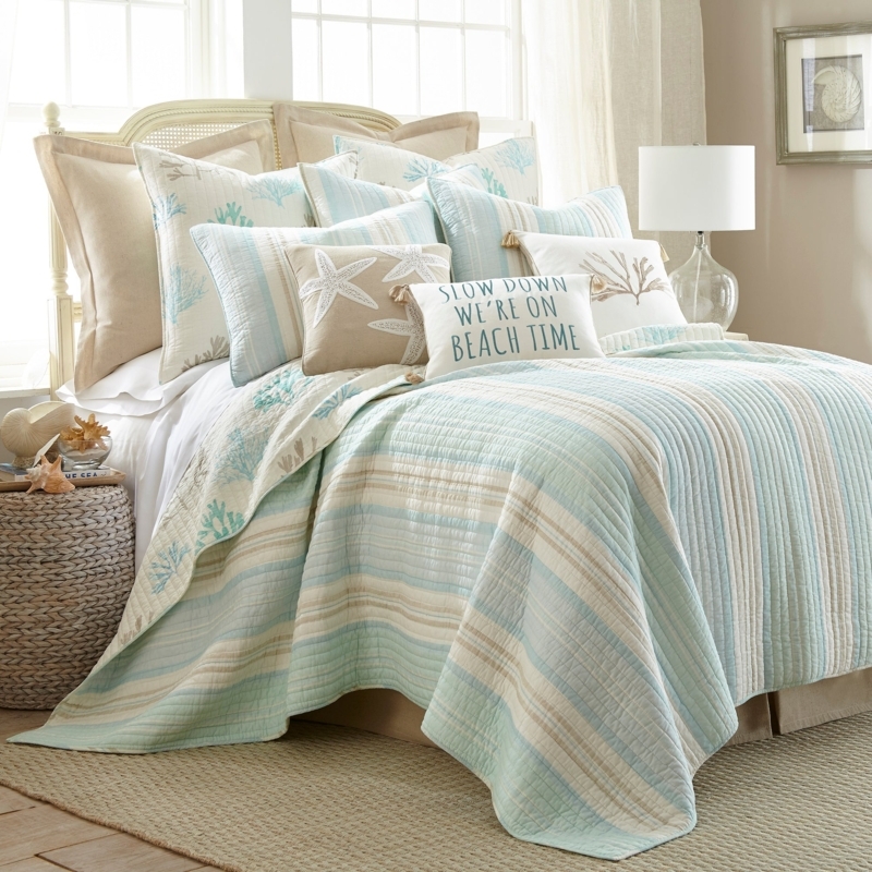 Quilt Set Coral and Seashell Print Blue and Beige Coordinated Styling