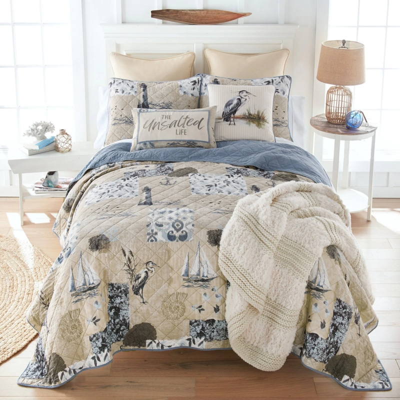 Quilt Set featuring Anchor Motif & Reversible Design in Navy.