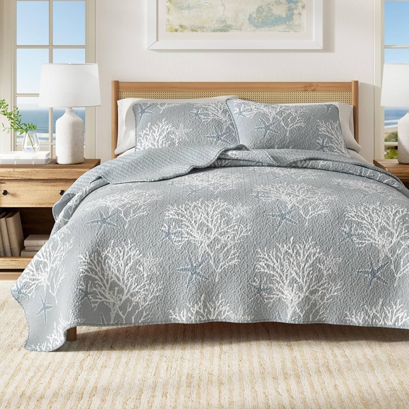 Quilt Set featuring Reversible Maritime Motifs & Pearl Blue.