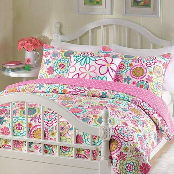 Quilt Set Flower Power Print Dense Floral Pattern Retro Boho Cheerful