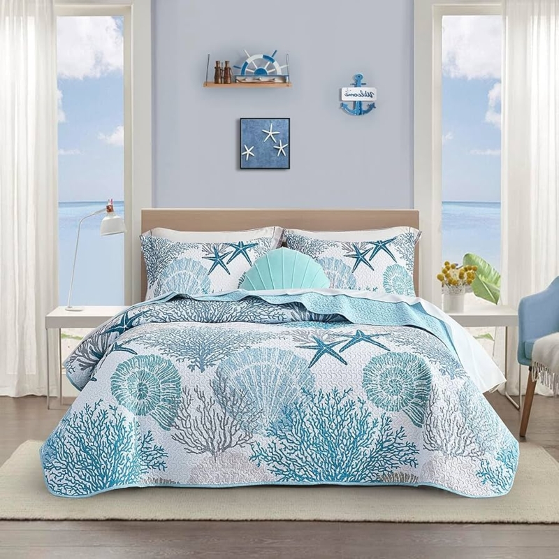 Quilt Set Sea Life Print Reversible Blue Underside Coverlet