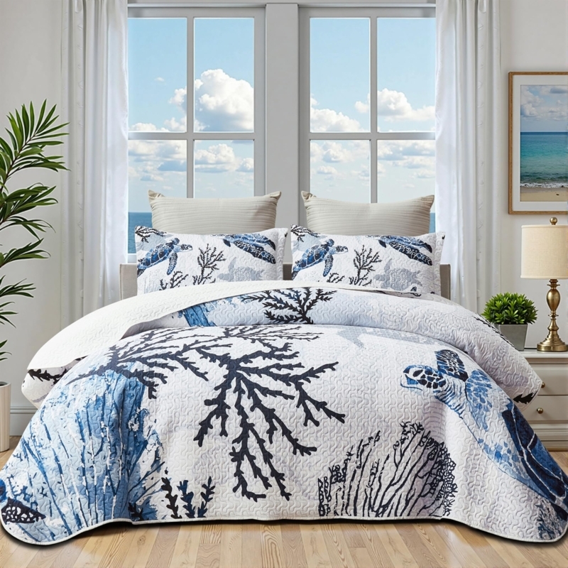 Quilt Set Sea Turtle Motif Bedroom Bedding with Nautical Script