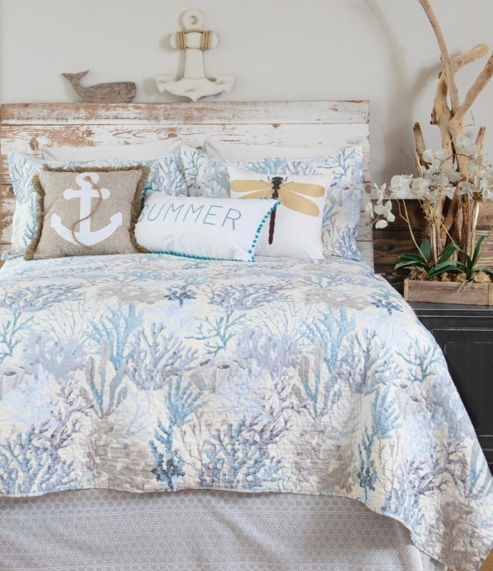 Quilt Set Teal Coral Pattern with Vermicelli Quilting and Scalloped Edge