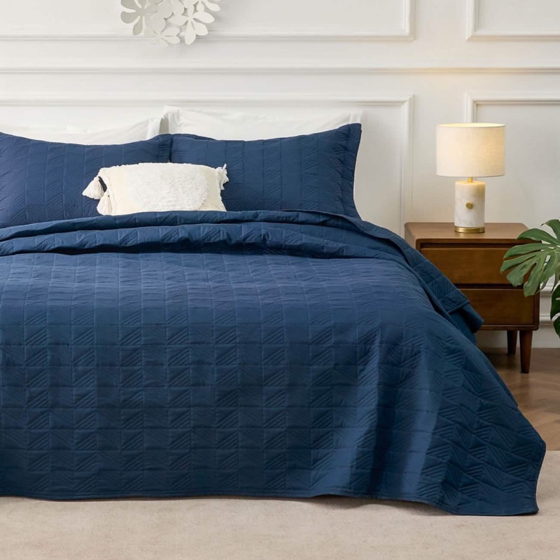Quilt Set Ultrasonic Quilting in Olive Green Geometric Pattern