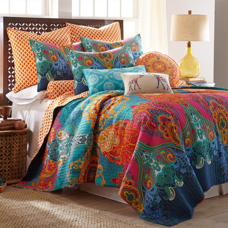 Quilt Set Vibrant Paisley Print Layered Textile Boho Bedroom
