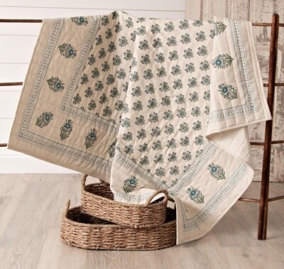 Quilt Vintage Blue Floral Ruffled Edge Reversible Ticking Stripe