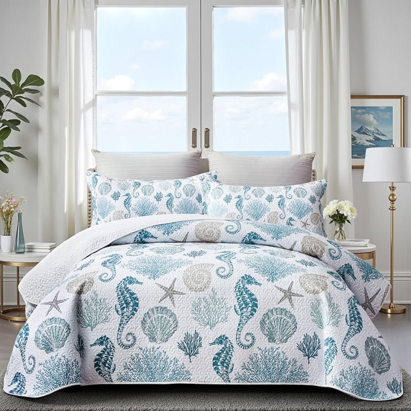 Quilt with Seahorse Motif for Nautical Bedding Style.
