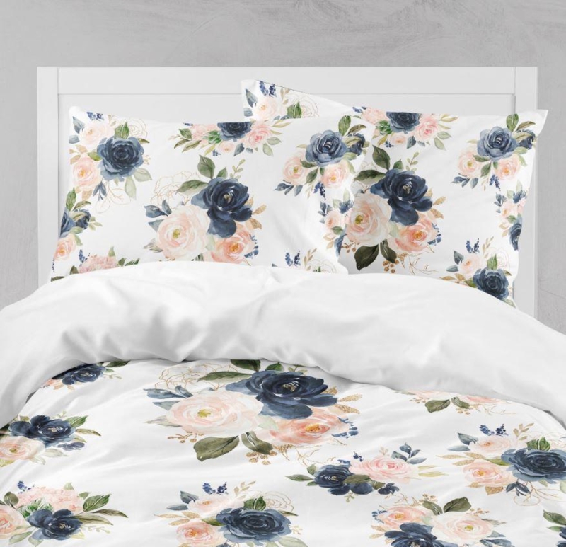 Quilted Navy, Blush, and Coral Oversized Floral Comforter Set