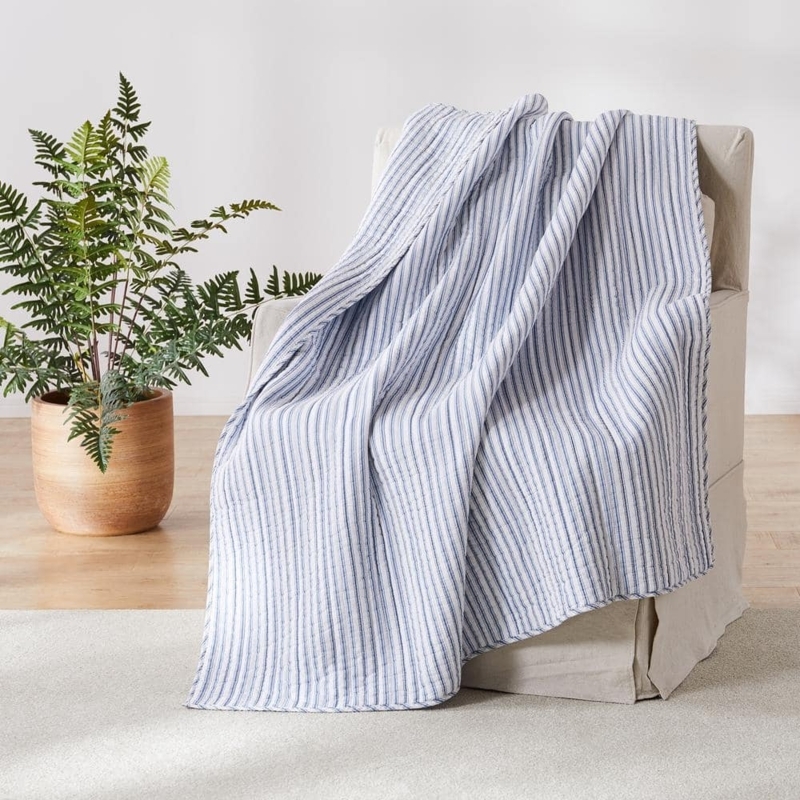 Quilted Throw Blanket Blue Stripes Knotted Fringe, Coastal Blue Striped