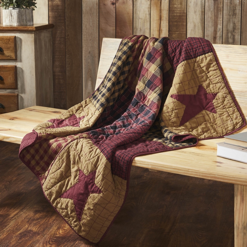 Quilted Throw Blanket Channel Stitching Navy Plaid Star Patchwork