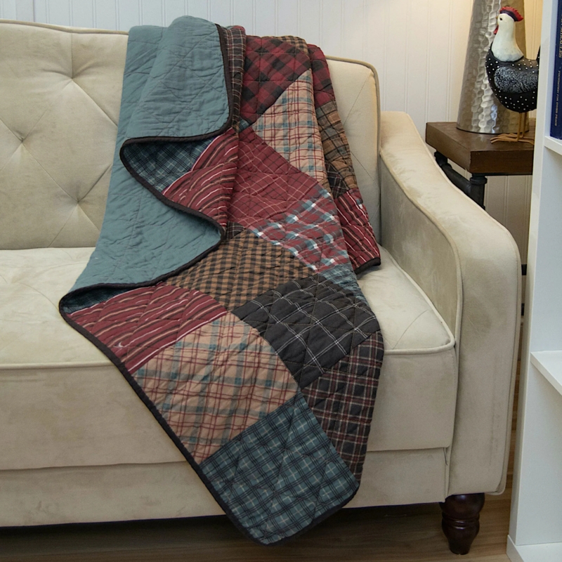 Quilted Throw Blanket Earth Tone Plaid Patchwork Lodge Style