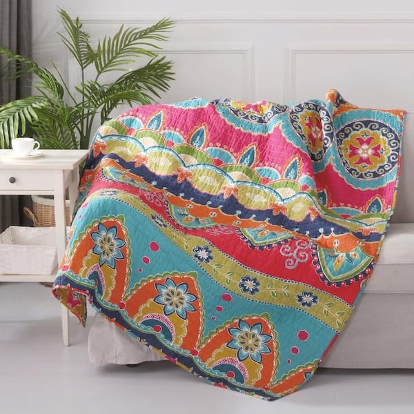 Quilted Throw Blanket Multicolored Botanical Geometric Cotton Accent