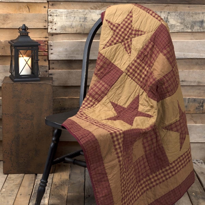 Quilted Throw Blanket Ninepatch Star Design Red Tan Primitive