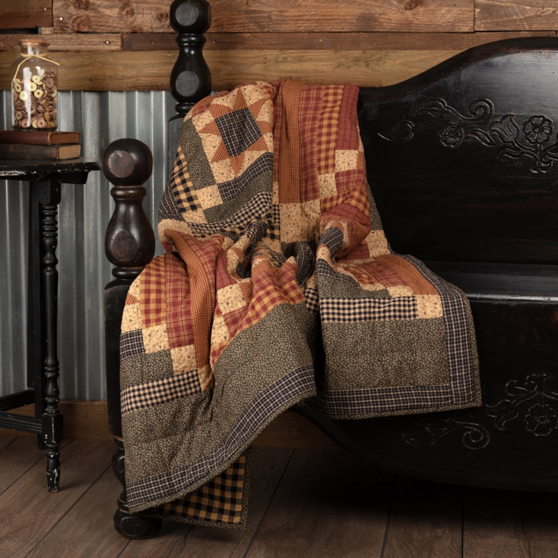 Quilted Throw Blanket Primitive Star Motif Black Tan Patchwork