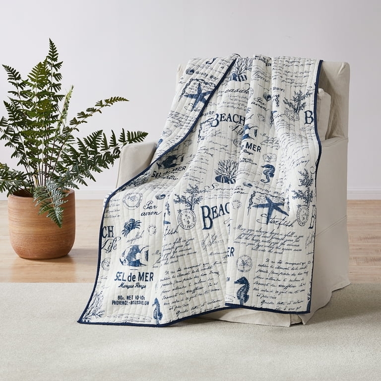 Quilted Throw Blanket, Reversible Nautical Pattern, Navy & White